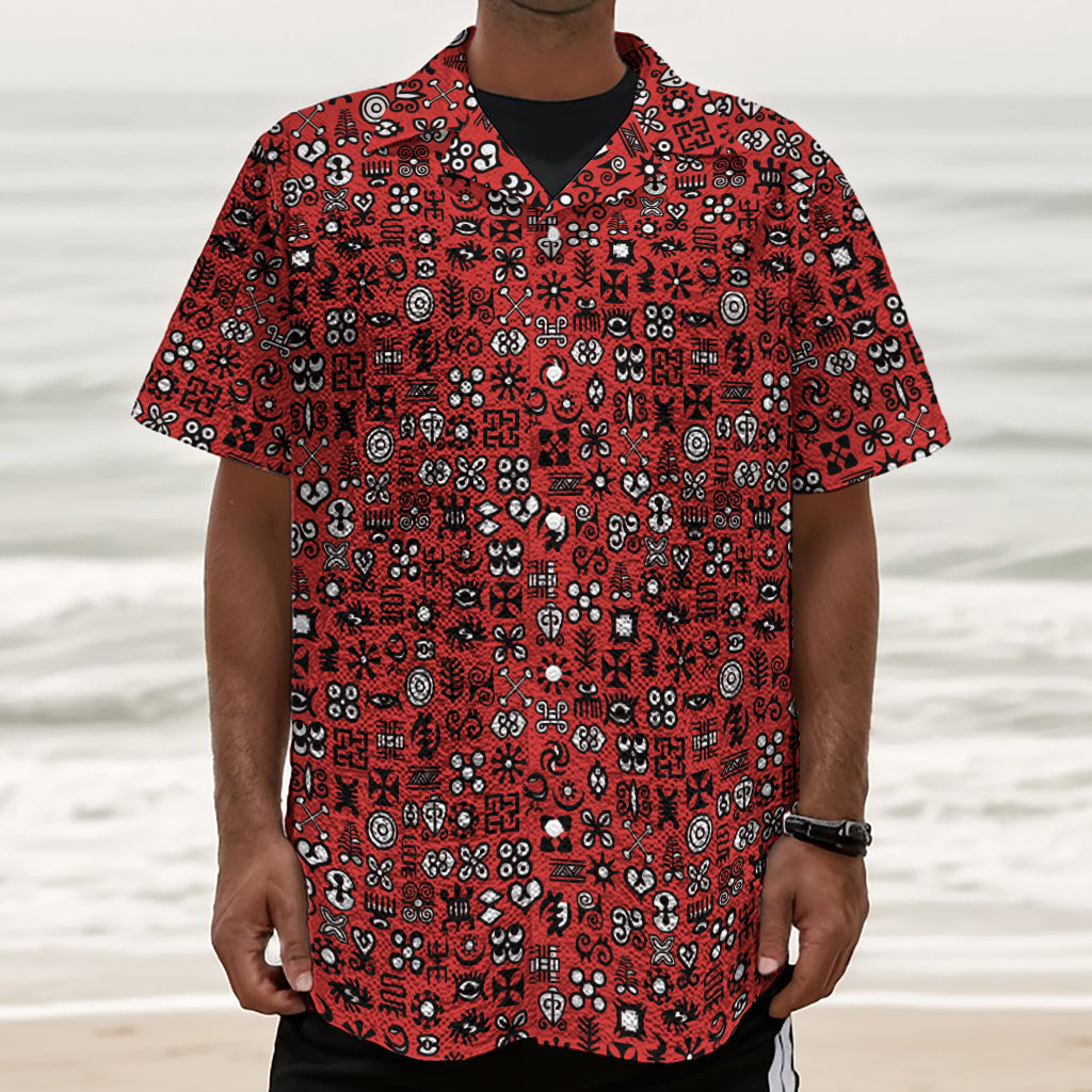 Red Adinkra Tribe Symbols Print Textured Short Sleeve Shirt