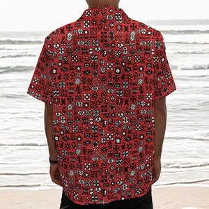 Red Adinkra Tribe Symbols Print Textured Short Sleeve Shirt