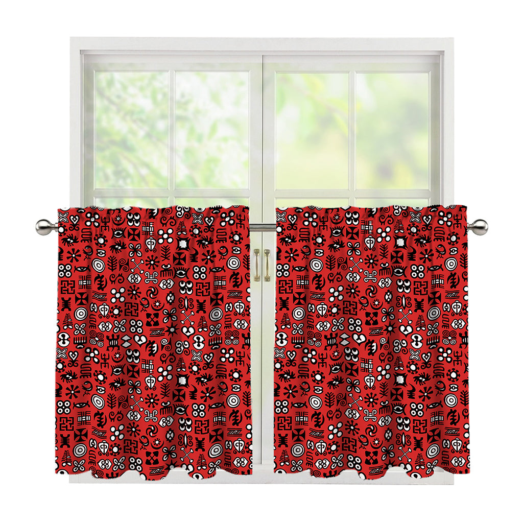 Red Adinkra Tribe Symbols Print Tier Curtains