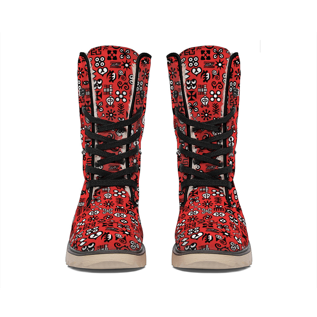 Red Adinkra Tribe Symbols Print Winter Boots