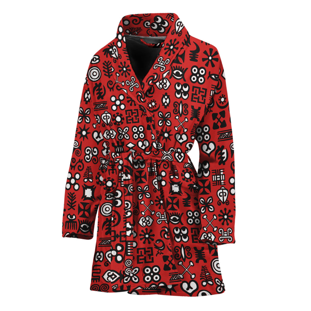 Red Adinkra Tribe Symbols Print Women's Bathrobe