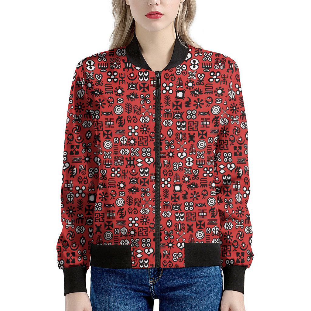 Red Adinkra Tribe Symbols Print Women's Bomber Jacket