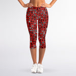 Red Adinkra Tribe Symbols Print Women's Capri Leggings