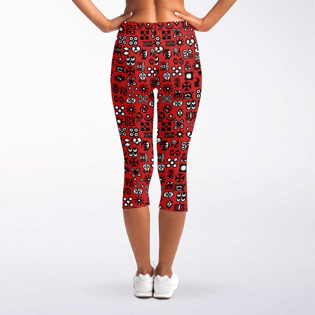 Red Adinkra Tribe Symbols Print Women's Capri Leggings