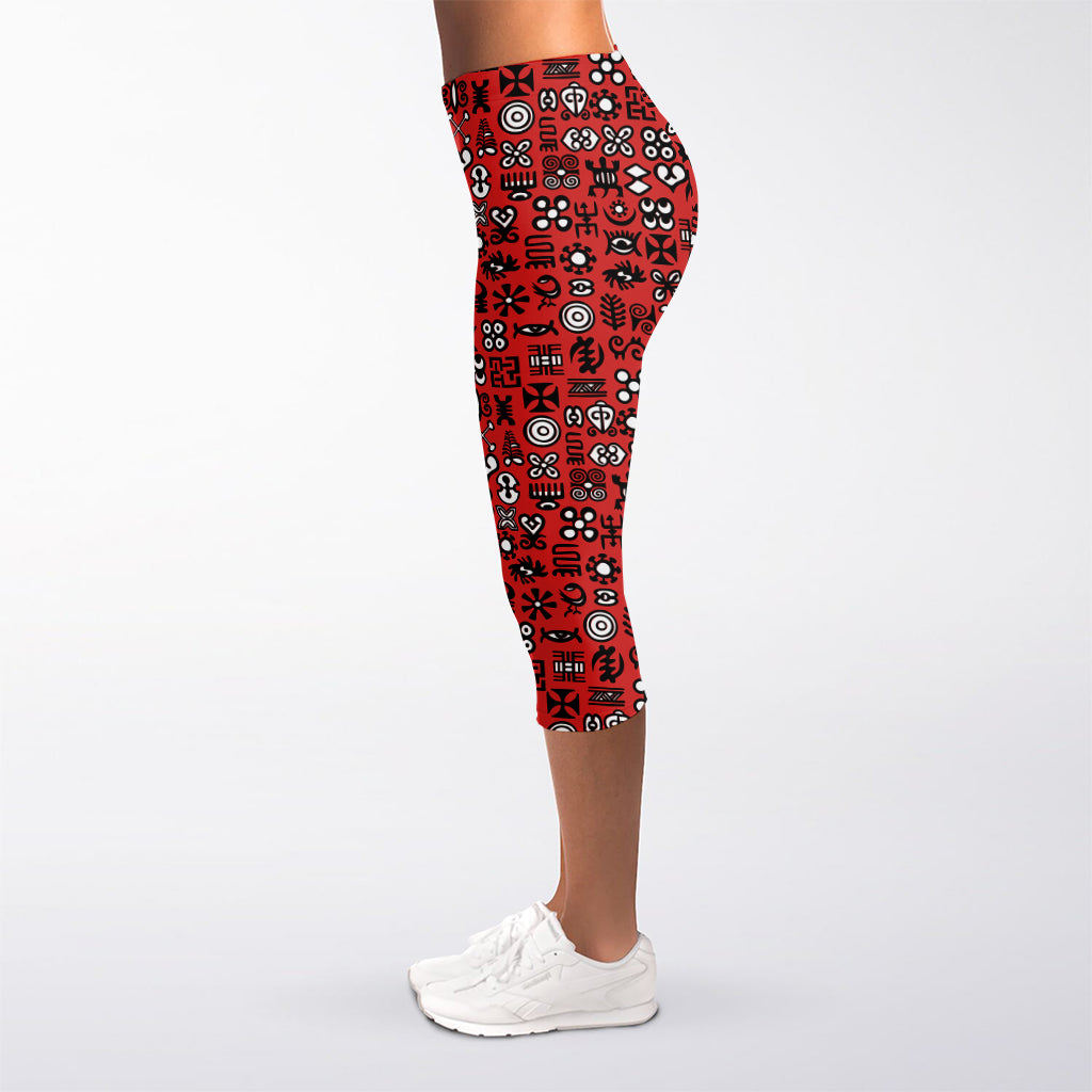 Red Adinkra Tribe Symbols Print Women's Capri Leggings