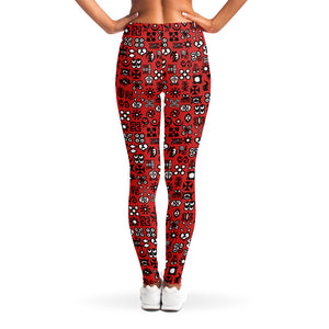 Red Adinkra Tribe Symbols Print Women's Leggings