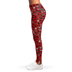 Red Adinkra Tribe Symbols Print Women's Leggings