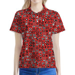 Red Adinkra Tribe Symbols Print Women's Polo Shirt