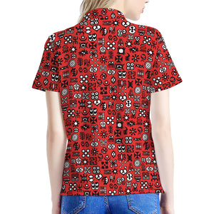 Red Adinkra Tribe Symbols Print Women's Polo Shirt