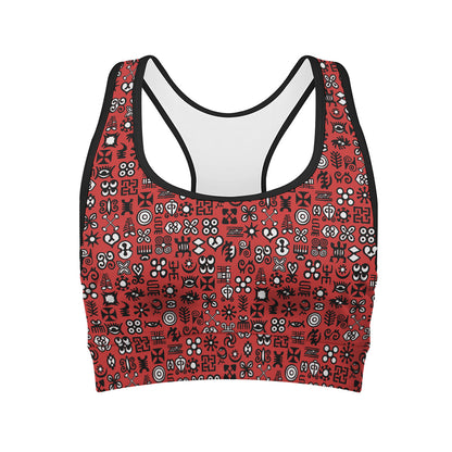 Red Adinkra Tribe Symbols Print Women's Sports Bra