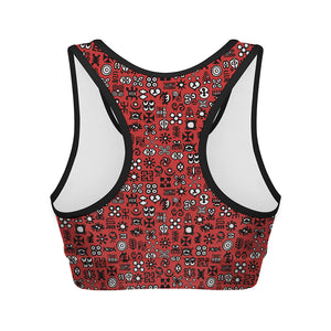 Red Adinkra Tribe Symbols Print Women's Sports Bra