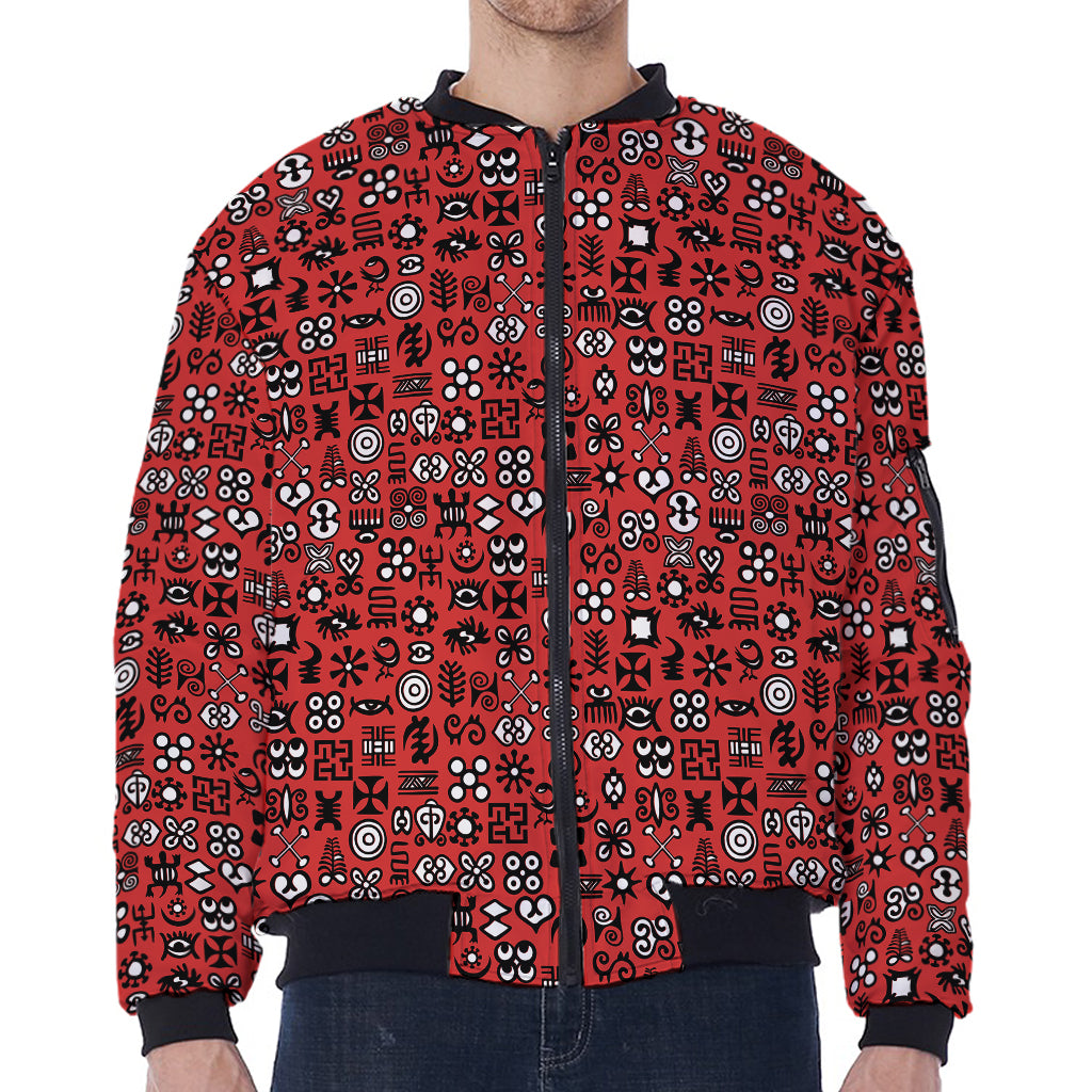 Red Adinkra Tribe Symbols Print Zip Sleeve Bomber Jacket