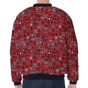 Red Adinkra Tribe Symbols Print Zip Sleeve Bomber Jacket