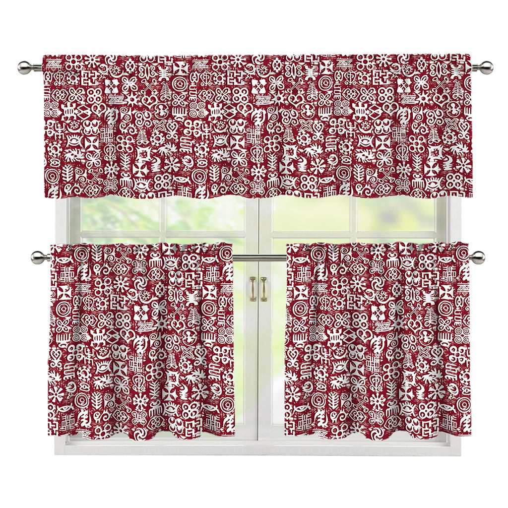 Red African Adinkra Tribe Symbols 3 Piece Kitchen Curtains