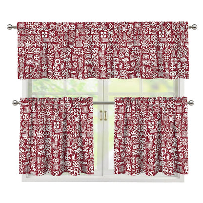 Red African Adinkra Tribe Symbols 3 Piece Kitchen Curtains
