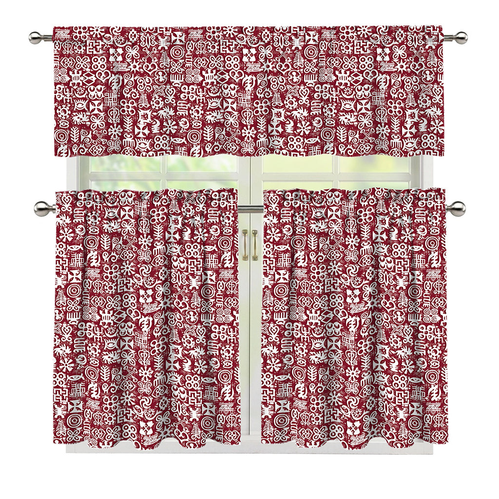 Red African Adinkra Tribe Symbols 3 Piece Kitchen Curtains