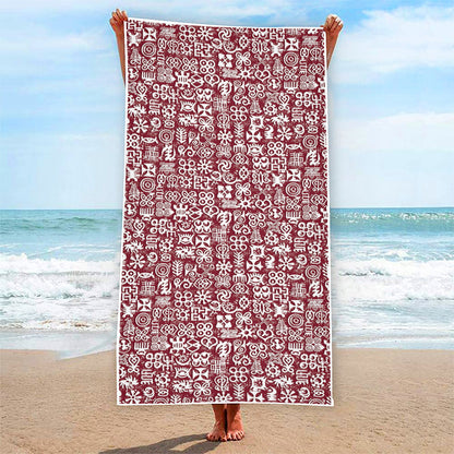 Red African Adinkra Tribe Symbols Beach Towel