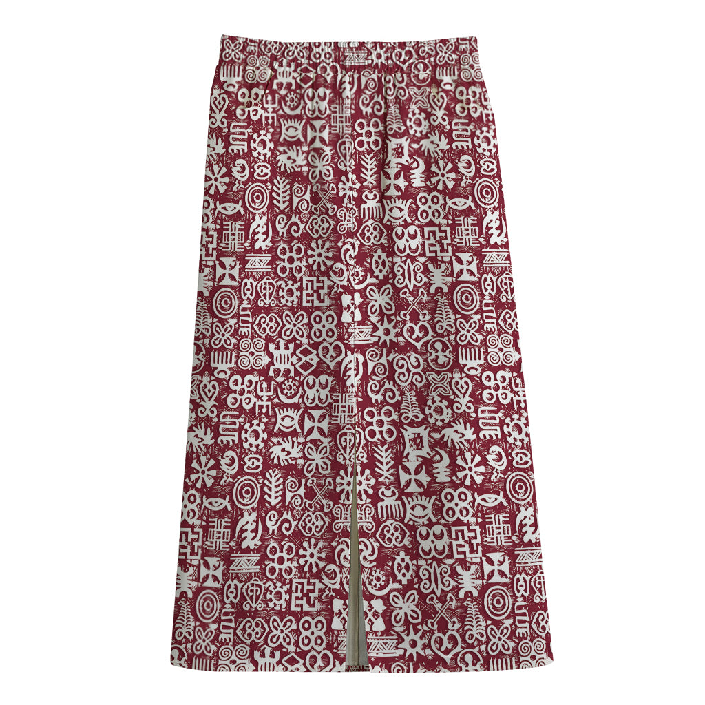 Red African Adinkra Tribe Symbols Cotton Front Slit Maxi Skirt