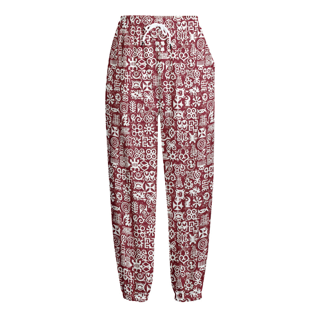 Red African Adinkra Tribe Symbols Fleece Lined Knit Pants