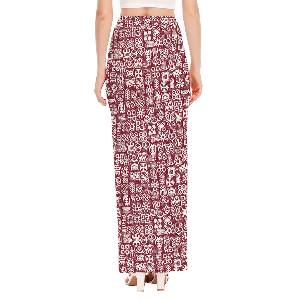 Red African Adinkra Tribe Symbols High Slit Maxi Skirt