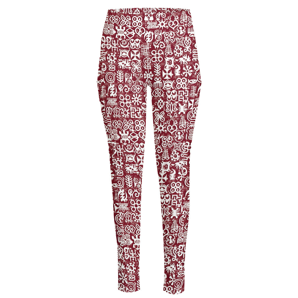 Red African Adinkra Tribe Symbols High-Waisted Pocket Leggings