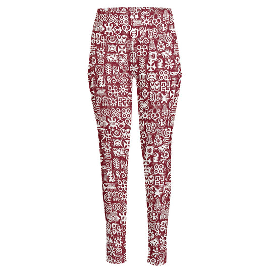 Red African Adinkra Tribe Symbols High-Waisted Pocket Leggings