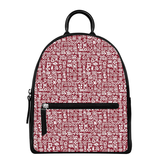 Red African Adinkra Tribe Symbols Leather Backpack