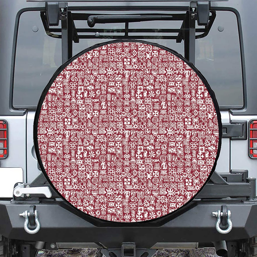 Red African Adinkra Tribe Symbols Leather Spare Tire Cover