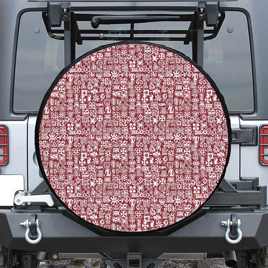 Red African Adinkra Tribe Symbols Leather Spare Tire Cover