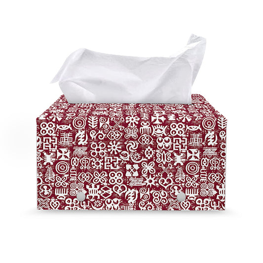 Red African Adinkra Tribe Symbols Leather Tissue Box Cover