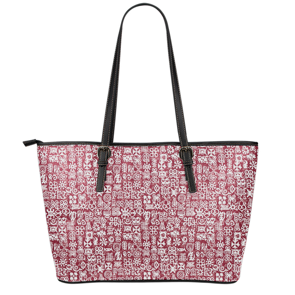 Red African Adinkra Tribe Symbols Leather Tote Bag