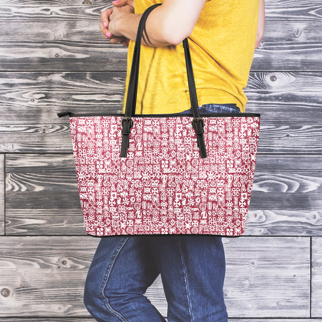 Red African Adinkra Tribe Symbols Leather Tote Bag