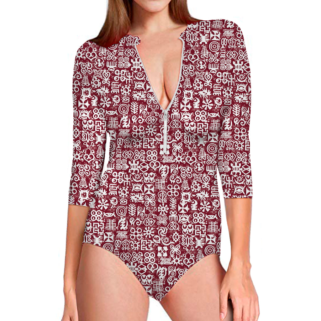 Red African Adinkra Tribe Symbols Long Sleeve Swimsuit