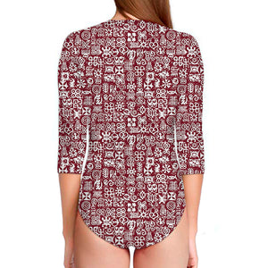 Red African Adinkra Tribe Symbols Long Sleeve Swimsuit