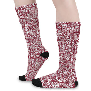 Red African Adinkra Tribe Symbols Long Socks