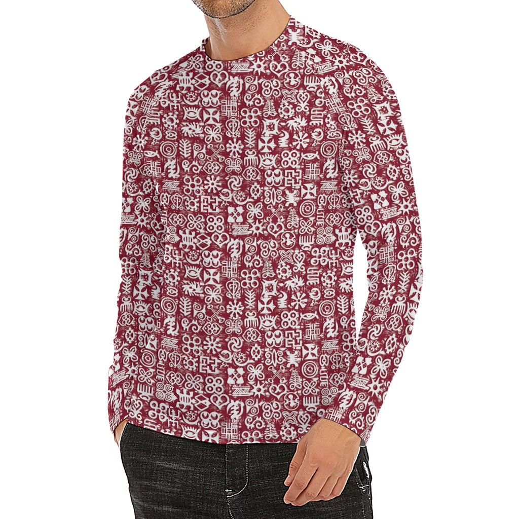 Red African Adinkra Tribe Symbols Men's Long Sleeve Rash Guard