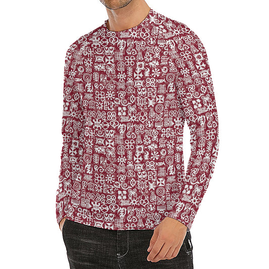 Red African Adinkra Tribe Symbols Men's Long Sleeve Rash Guard