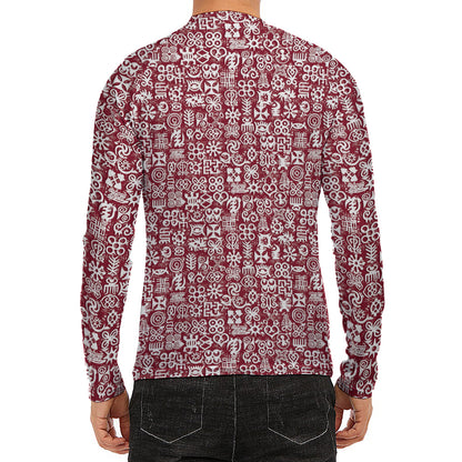 Red African Adinkra Tribe Symbols Men's Long Sleeve Rash Guard