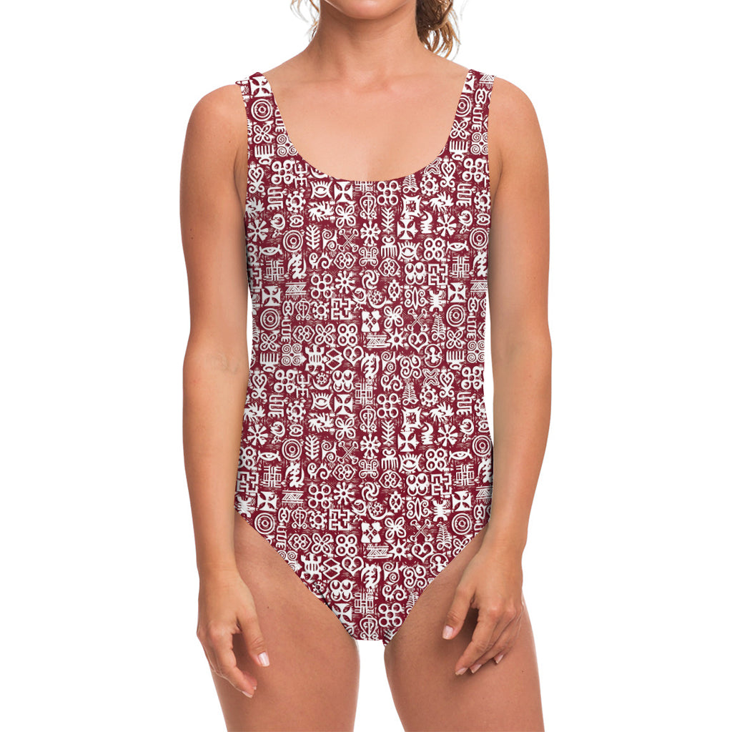 Red African Adinkra Tribe Symbols One Piece Swimsuit