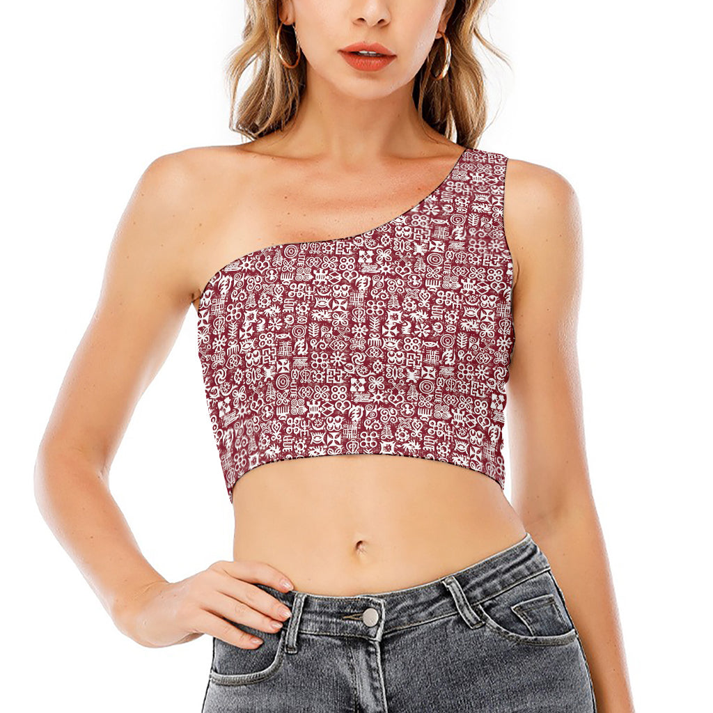 Red African Adinkra Tribe Symbols One Shoulder Crop Top