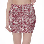 Red African Adinkra Tribe Symbols Pencil Mini Skirt