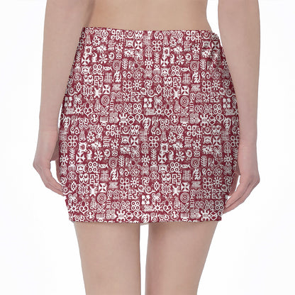 Red African Adinkra Tribe Symbols Pencil Mini Skirt