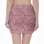 Red African Adinkra Tribe Symbols Pencil Mini Skirt
