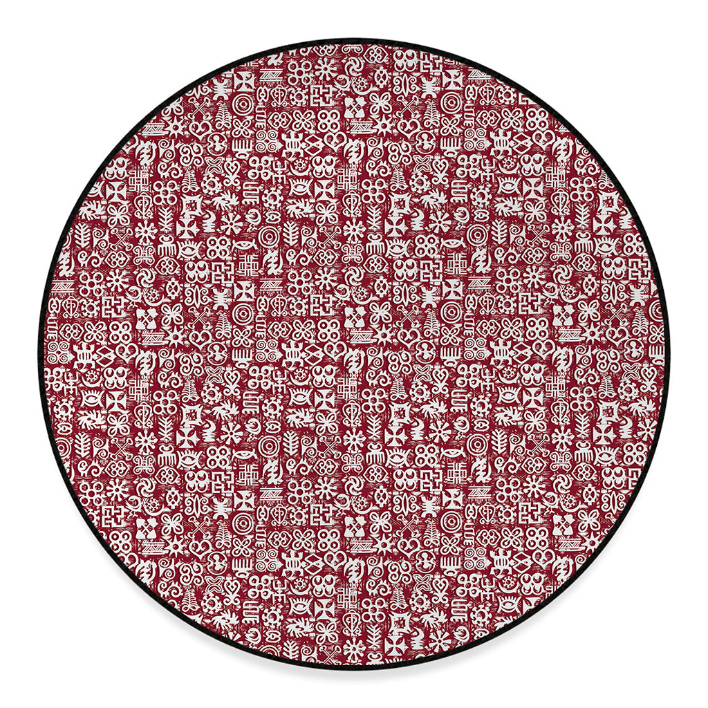 Red African Adinkra Tribe Symbols Round Floor Mat