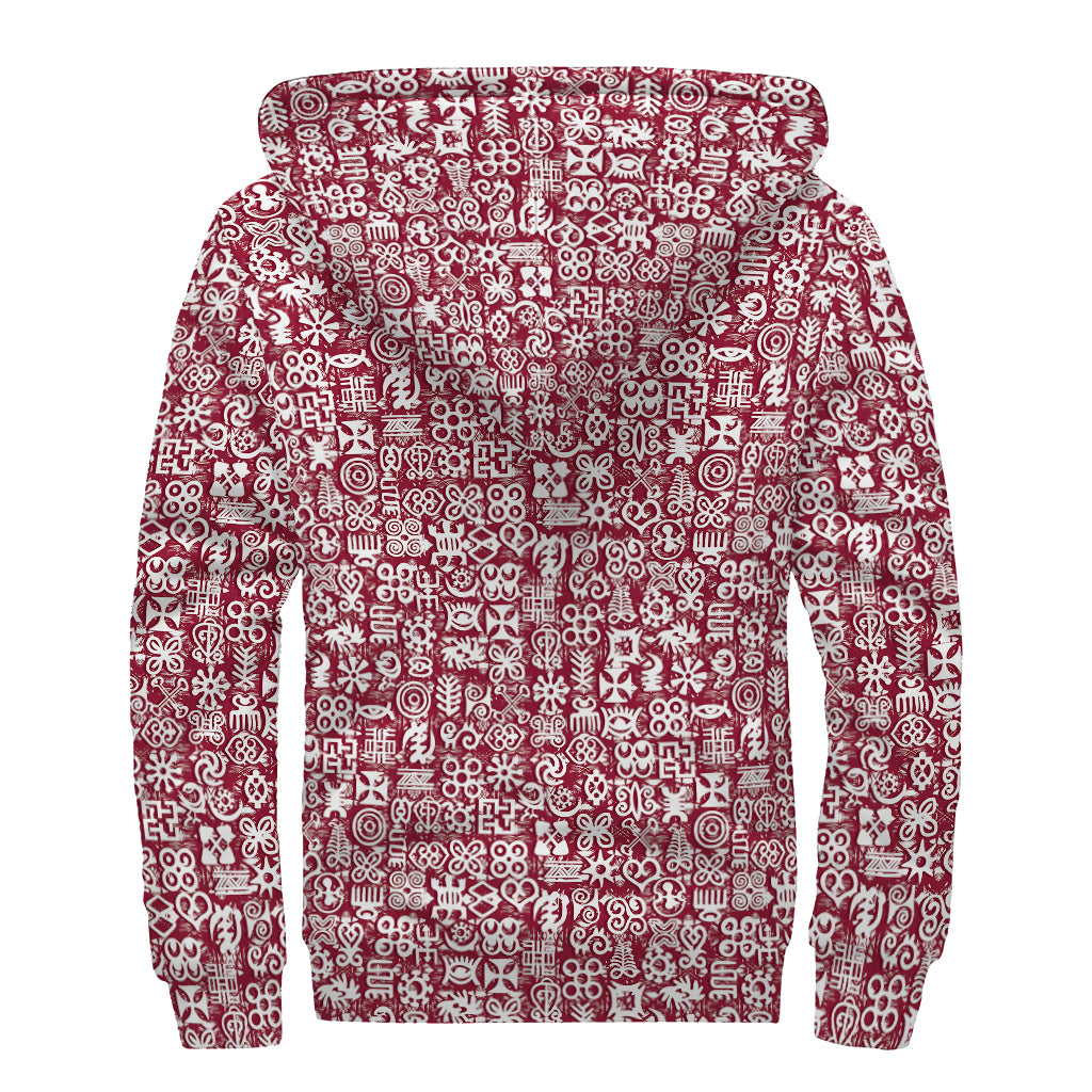 Red African Adinkra Tribe Symbols Sherpa Lined Zip Up Hoodie