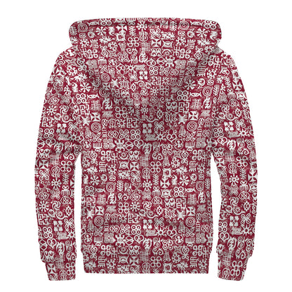 Red African Adinkra Tribe Symbols Sherpa Lined Zip Up Hoodie
