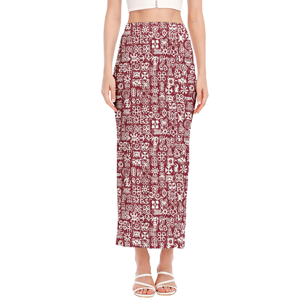 Red African Adinkra Tribe Symbols Side Slit Maxi Skirt