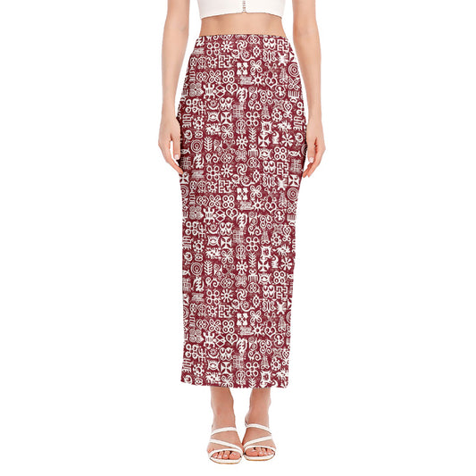 Red African Adinkra Tribe Symbols Side Slit Maxi Skirt