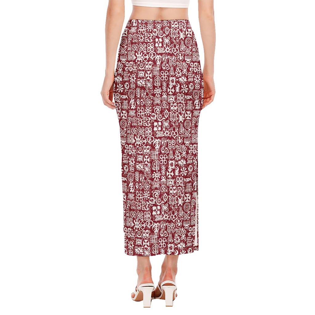 Red African Adinkra Tribe Symbols Side Slit Maxi Skirt