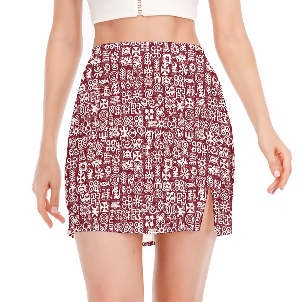 Red African Adinkra Tribe Symbols Side Slit Mini Skirt